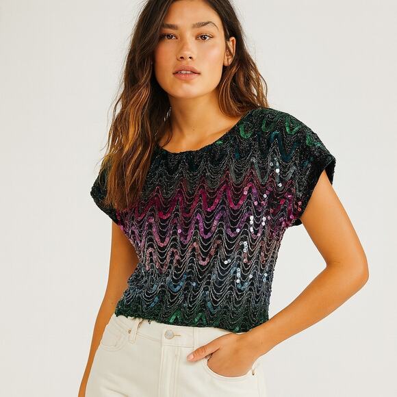 Vintage 80s C. Mon Squin Glitter Disco Crop Top Blouse Shirt M - Picture 1 of 7